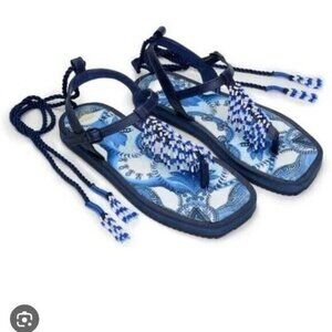 FARM RIO Blue Tile Beaded Flat Lace Up Sandals Blue NEW $260
